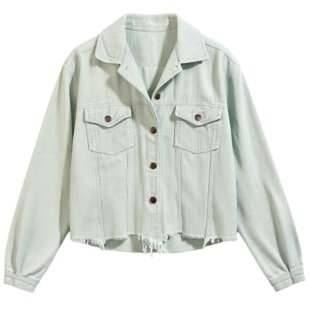 POL Sage Corduroy Shacket Layering Jacket Raw Hem Button Down Green Large NEW - Picture 2 of 9